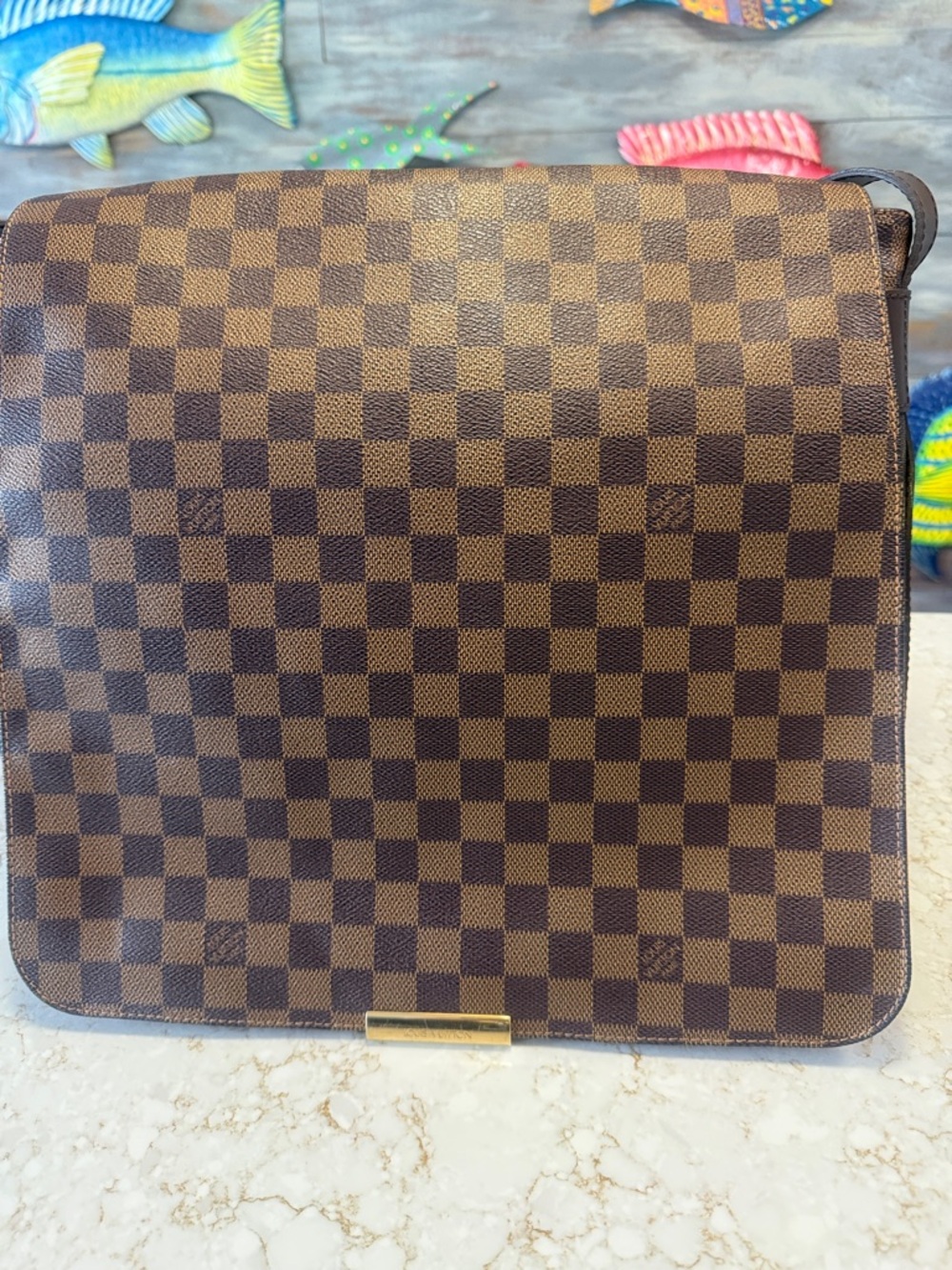 Louis Vuitton Brown Damier Checkerboard Crossbody Bag with Gold Accent